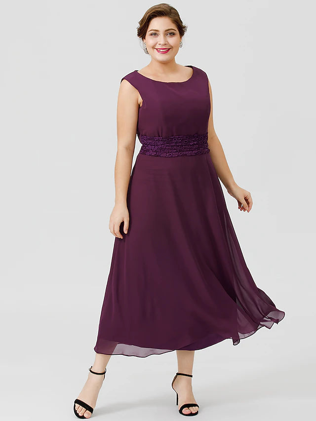A-Linien-Kleid für die Mutter der Braut, formell, klassisch und zeitlos, elegant und luxuriös, Übergröße, U-Ausschnitt, knielang, Chiffon, geblümte Spitze, ärmellos, ja, mit Schärpe/Bandfalten